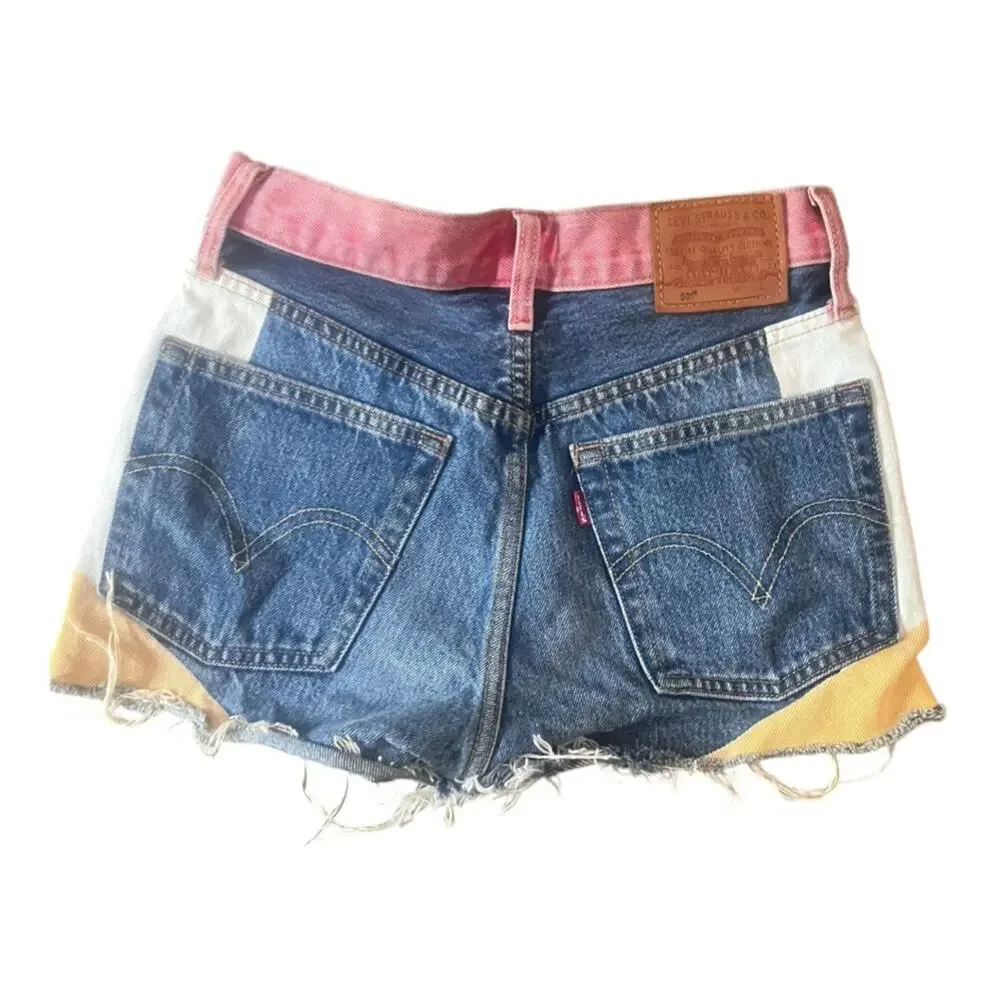 Levis 501 High Rise Medium Wash Color Block Denim Shorts 24 Retro Funky Cutoff